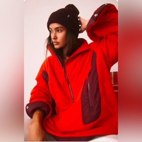 NWT Free People Climber Fleece Pullover Jacket HALF ZIP $148 X-SMALL Red Motif - Picture 1 of 7
